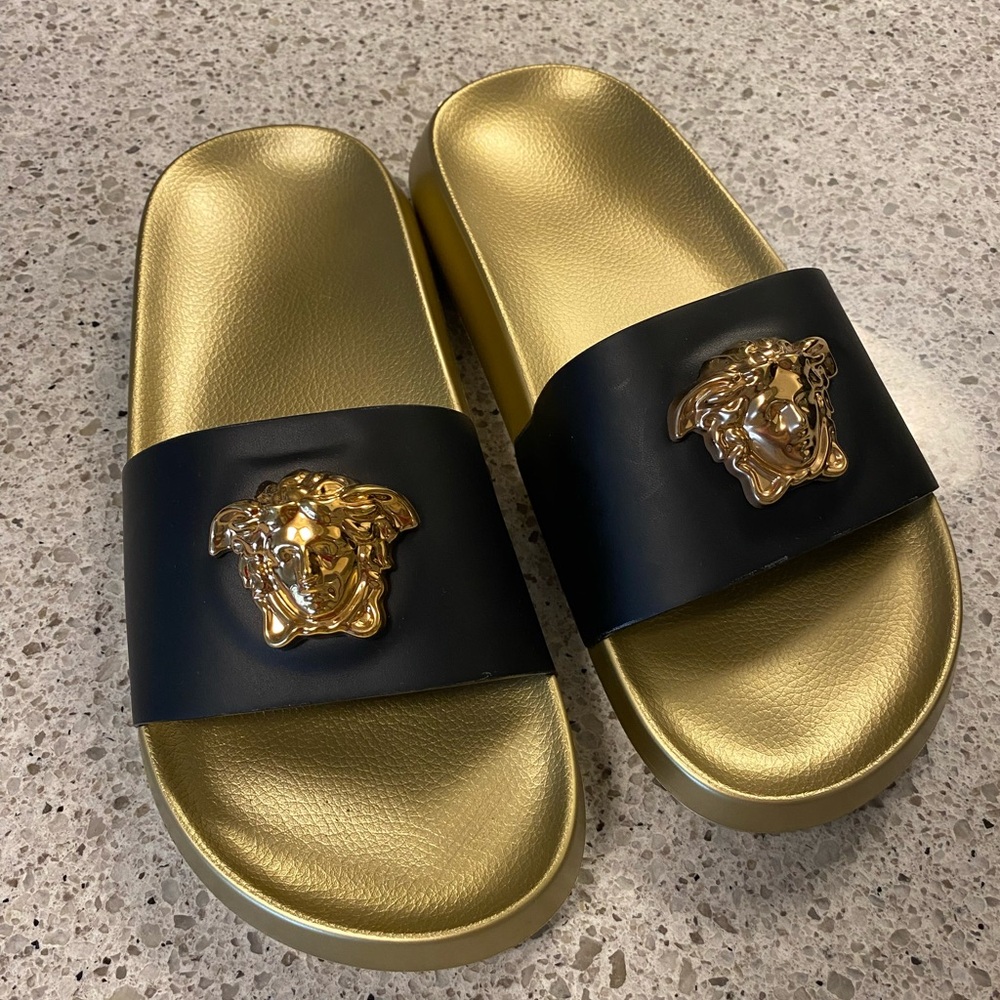 VERSACE Black & Gold 'La Medusa' Slides